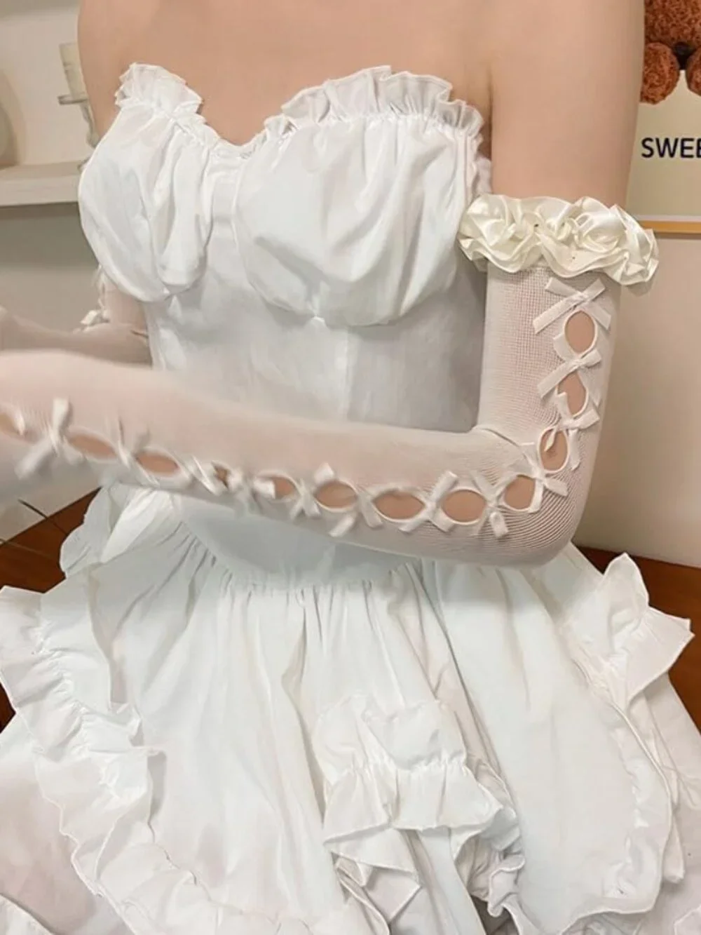 Y2K Lace Fingerless Gloves Gothic Bow Arm Sleeves Bridal Elbow Length Tulle